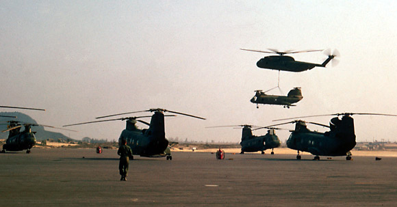 A CH-53 externals a Frog (CH-46)