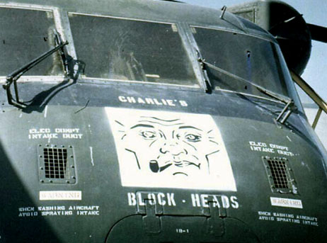 A CH-53 nose with "Charlie's Block Heads" on it